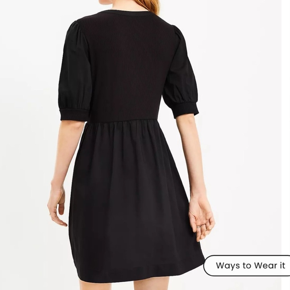 NWT $89 Loft V Neck, Button Front, Puffy Sleeve Dress - Black, Women’s Size XL - Picture 2 of 4
